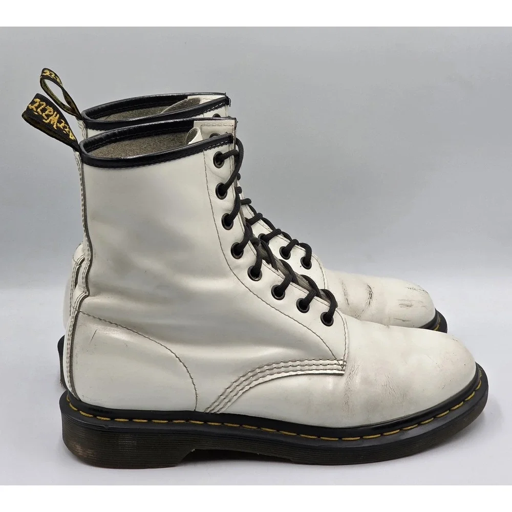 Dr Dr. Martens 1460 Black White Leather Boots UK 7 US Men 8 EU 41 Lace Up